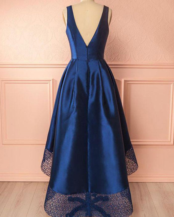 Pleated Satin High-Low A-Line Evening Dress with Lace Hem