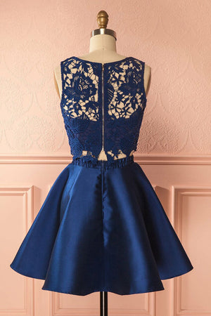 A-Line Two Piece Jewel Satin Homecoming Dresses with Lace