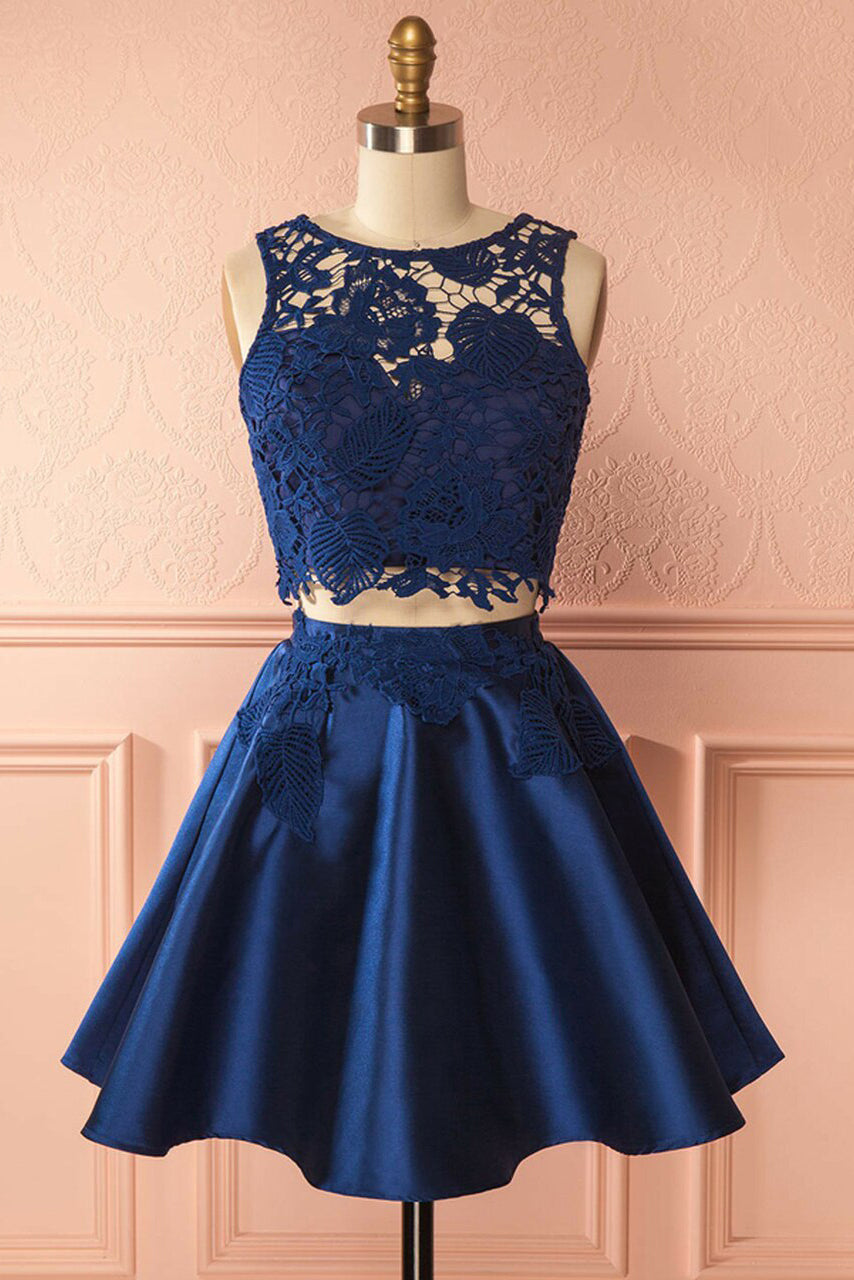 A-Line Two Piece Jewel Satin Homecoming Dresses with Lace Main image