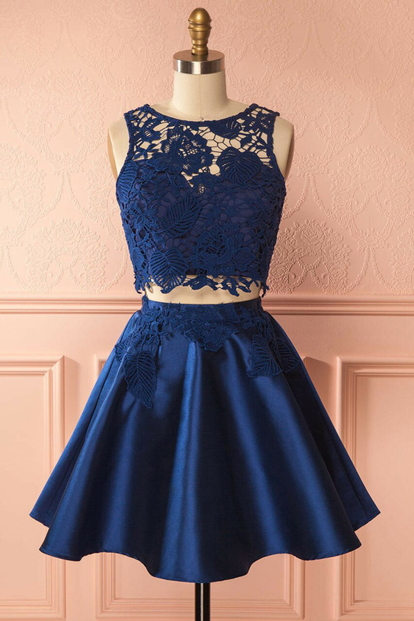 A-Line Two Piece Jewel Satin Homecoming Dresses with Lace