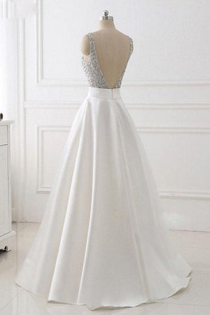 Ivory Open-Back Satin A-Line Wedding Dress with Sequin Bodice