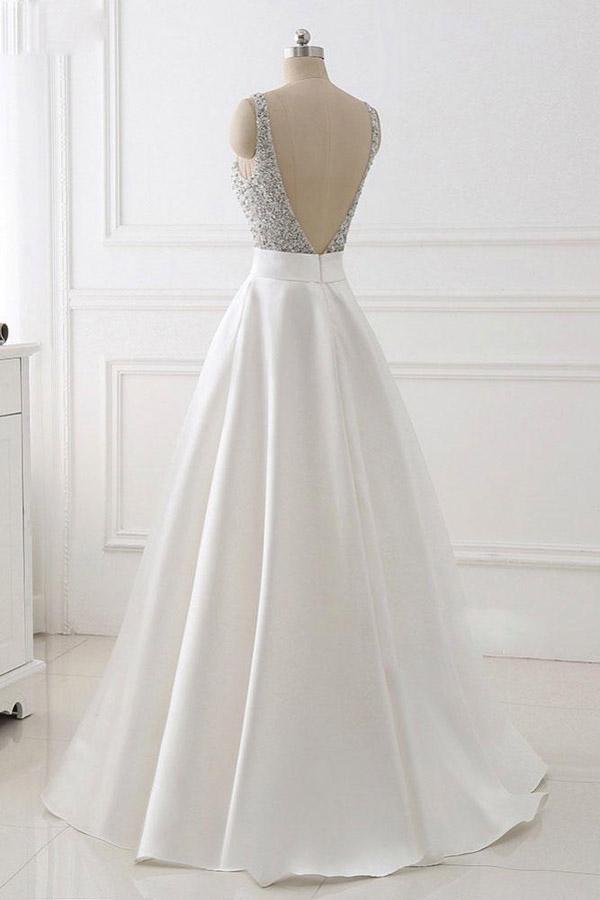 Ivory Open-Back Satin A-Line Wedding Dress with Sequin Bodice
