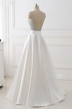 A-Line Deep V-neck Sleeveless Open Back Sweep Train Formal Dress/ Wedding Dress with Sequins