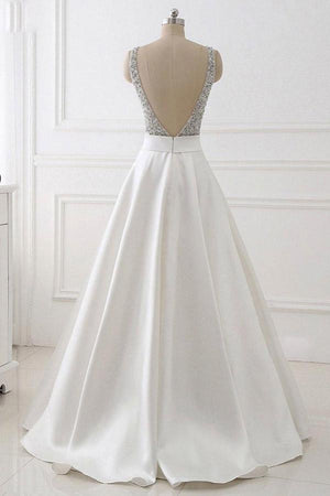 Ivory Open-Back Satin A-Line Wedding Dress with Sequin Bodice