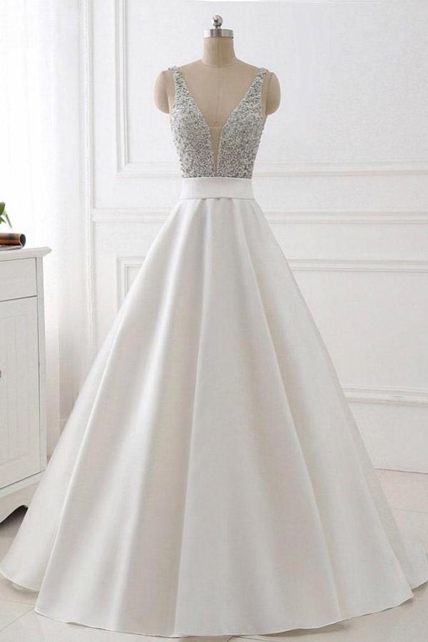 Open-Back Satin A-Line Wedding Dress with Sequin Bodice