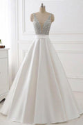 Ivory Open-Back Satin A-Line Wedding Dress with Sequin Bodice