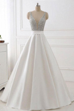 Ivory Open-Back Satin A-Line Wedding Dress with Sequin Bodice