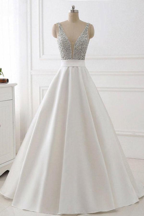 Ivory Open-Back Satin A-Line Wedding Dress with Sequin Bodice