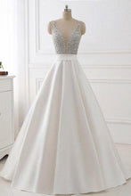 A-Line Deep V-neck Sleeveless Open Back Sweep Train Formal Dress/ Wedding Dress with Sequins
