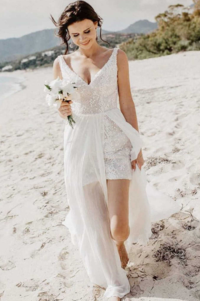 V Neck Sequined Beach Wedding Dresses