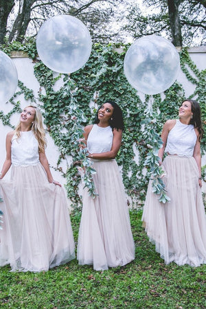 Two-Piece Scalloped Lace and Tulle Bridesmaid Dress