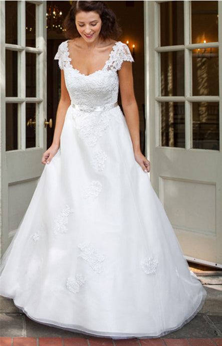 A-line Cap Sleeves Sweetheart Lace Appliques Long Bridal Wedding Dresses
