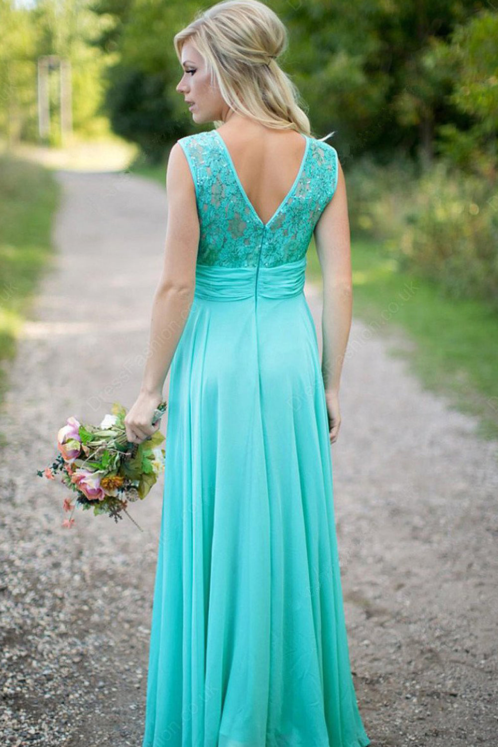 A-line Sleeveless Lace Top with Beading V-back Long Chiffon Bridesmaid Dresses Secondary image