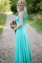 A-line Sleeveless Lace Top with Beading V-back Long Chiffon Bridesmaid Dresses