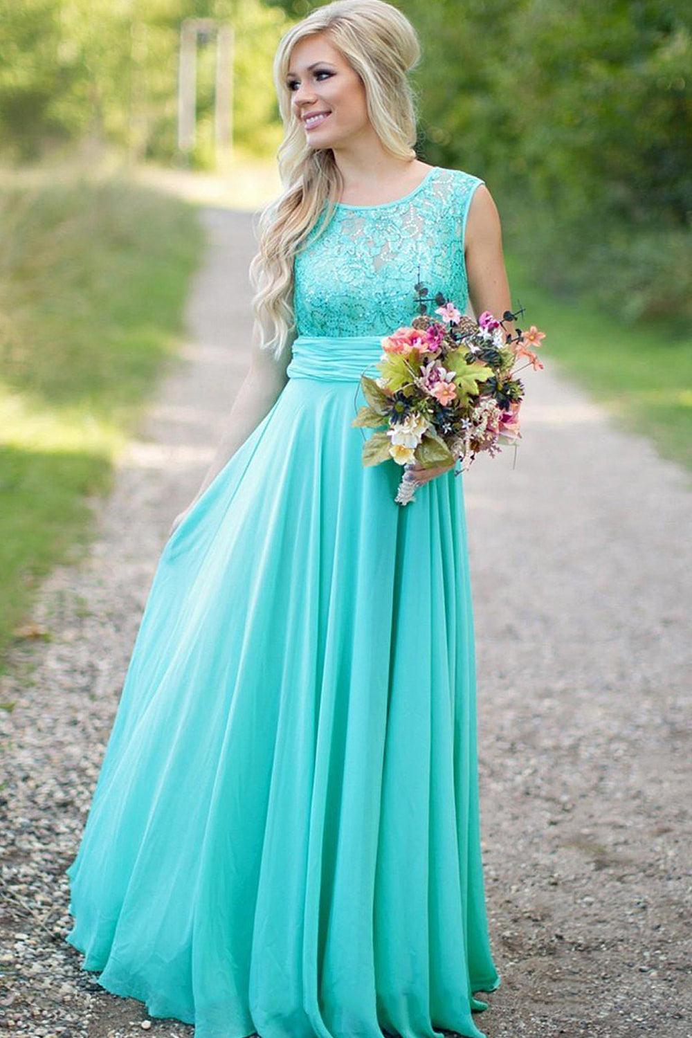 A-line Sleeveless Lace Top with Beading V-back Long Chiffon Bridesmaid Dresses Main image