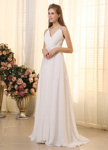 Junoesque A-Line V-neck Sleeveless Beadings Pleated Chiffon  Wedding Dresses