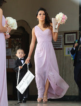 Mature Sleeveless One-shoulder Side Split Pleated Long Bridesmaid Dresses