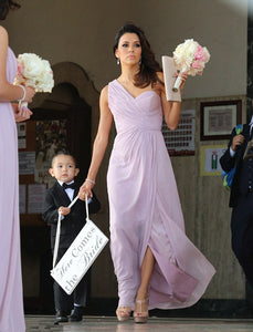 Mature Sleeveless One-shoulder Side Split Pleated Long Bridesmaid Dresses