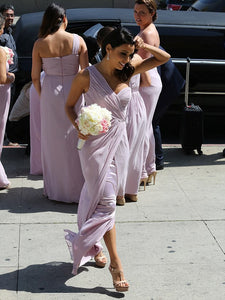 Mature Sleeveless One-shoulder Side Split Pleated Long Bridesmaid Dresses