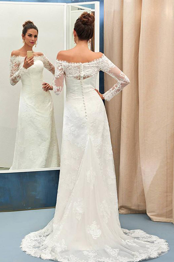 Sheath/Column Off-the-shoulder Full/Long Sleeves Lace Appliques Bridal Wedding Dresses