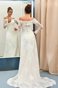 Sheath/Column Off-the-shoulder Full/Long Sleeves Lace Appliques Bridal Wedding Dresses