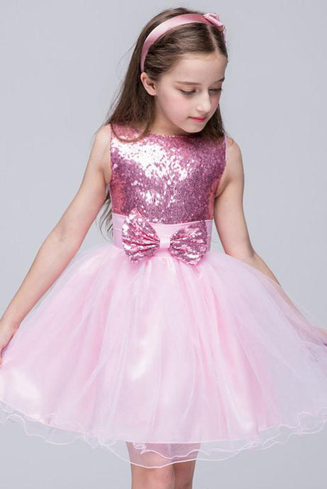 Ball Gown Sleeveless Satin & Sequined Top with Bowknot Organza Short Flower Girl Dresses