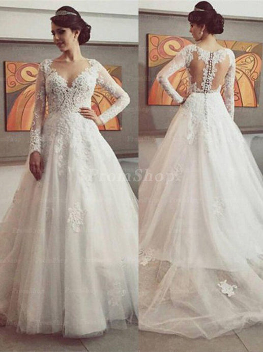 Illusion Chapel Train Chiffon Wedding Dress With Long Sleeve