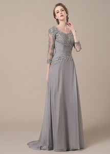 3/4 Sleeves Sheath/Column Lace Chiffon Floor Length Mother of the Bride Dresses