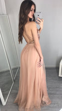 Sexy A-line Plunging V-neck Criss-Cross Straps Long Sequin and Tulle Prom Dresses
