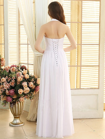 A-line Halter Sweetheart Beading Lace-up Long Chiffon Wedding Dresses