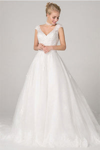 Ball-Gown/Princess V-neck Long Train Tulle Wedding Dress with Lace