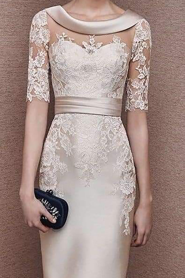 1/2 Sleeves Scoop Elastic Satin Lace Mother of The Bride Dresses with Sash Main image