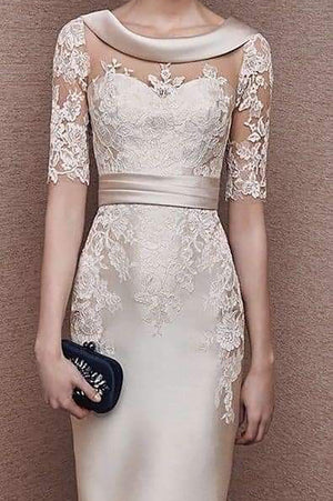 Lace-Sleeve Stretch Satin Sheath Mother of the Bride Dress