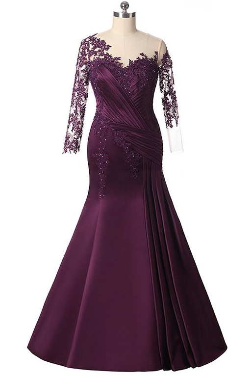 Long-Sleeve Lace and Stretch Satin Mermaid Mother of the Bride Dress