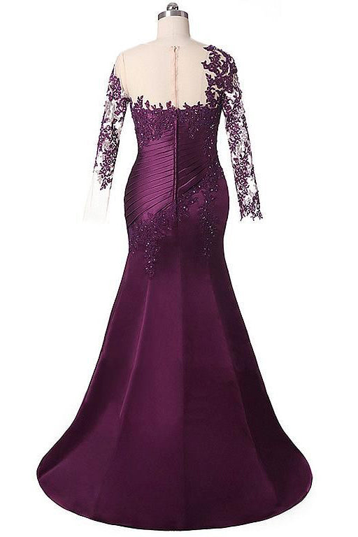 Long-Sleeve Lace and Stretch Satin Mermaid Mother of the Bride Dress