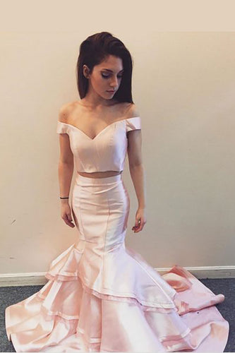 Two Piece Off-the-Shoulder V Neck Mermaid Prom Dress