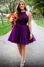 A-line Halter Sleeveless Short Tulle Homecoming Dresses with Beading