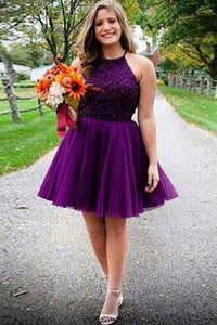 A-line Halter Sleeveless Short Tulle Homecoming Dresses with Beading