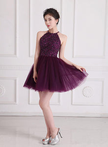 A-line Halter Sleeveless Short Tulle Homecoming Dresses with Beading
