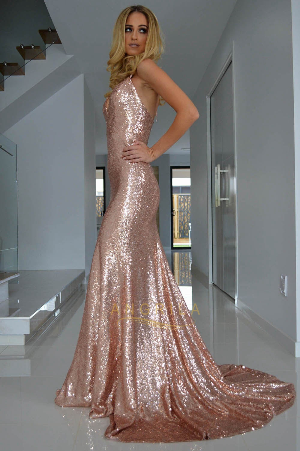 Trumpet/Mermaid Halter V-neck Front Split Long Sequined Prom Dresses Secondary image