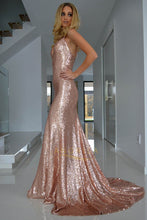 Trumpet/Mermaid Halter V-neck Front Split Long Sequined Prom Dresses