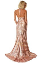 Trumpet/Mermaid Halter V-neck Front Split Long Sequined Prom Dresses