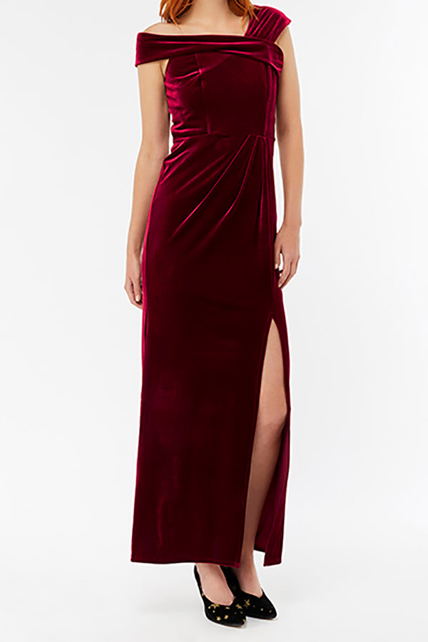 Off Shoulder Long Velvet Dresses with Slit Pool
