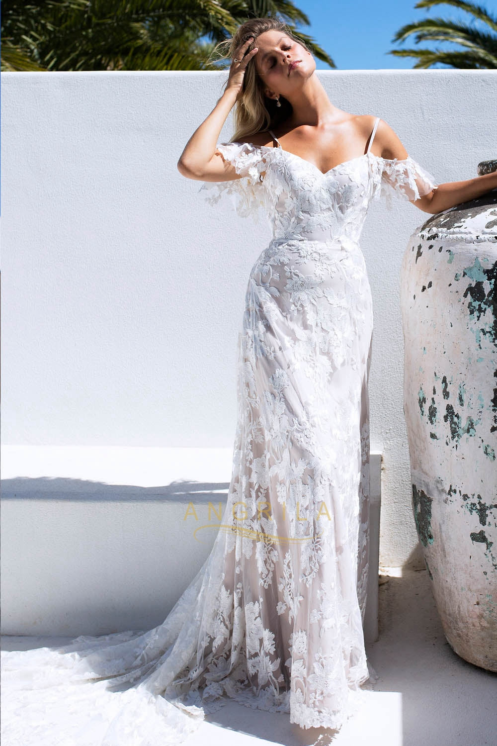 Off-the-Shoulder Floral Lace Mermaid Wedding Dress with Court Train