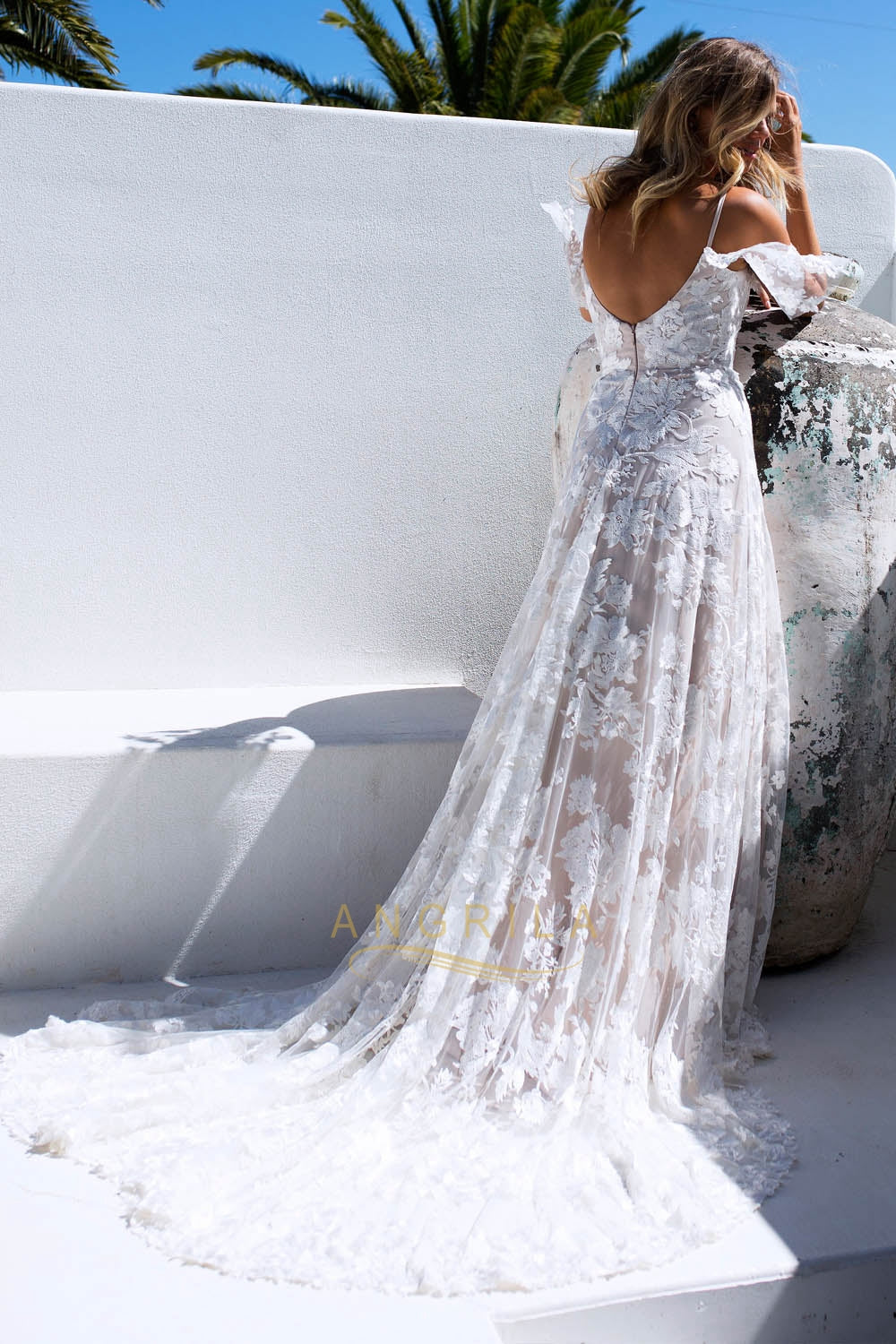 Off-the-Shoulder Floral Lace Mermaid Wedding Dress with Court Train