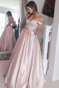 Off-the-shoulder Beading Long Satin Evening Ball Gown Prom Dresses