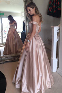 Off-the-shoulder Beading Long Satin Evening Ball Gown Prom Dresses