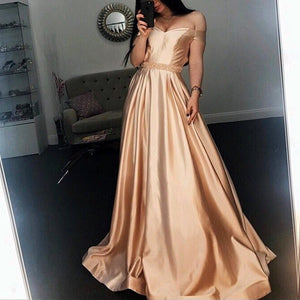 Off-the-shoulder Beading Long Satin Evening Ball Gown Prom Dresses