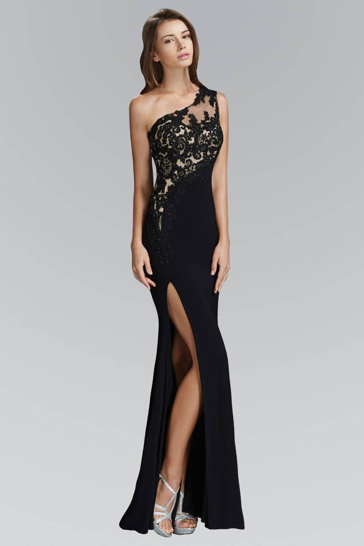 One-shoulder Sheath/Column Lace Applique Split Long Evening Dresses