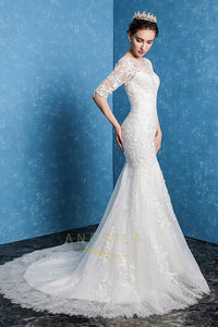 Trumpet/Mermaid Scoop Neck Lace Wedding Dress with 1/2 Sleeves